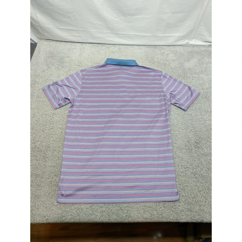 Peter Millar Performance Polo Golf Shirt Blue Pink Stripe Mens Large 100% Cotton